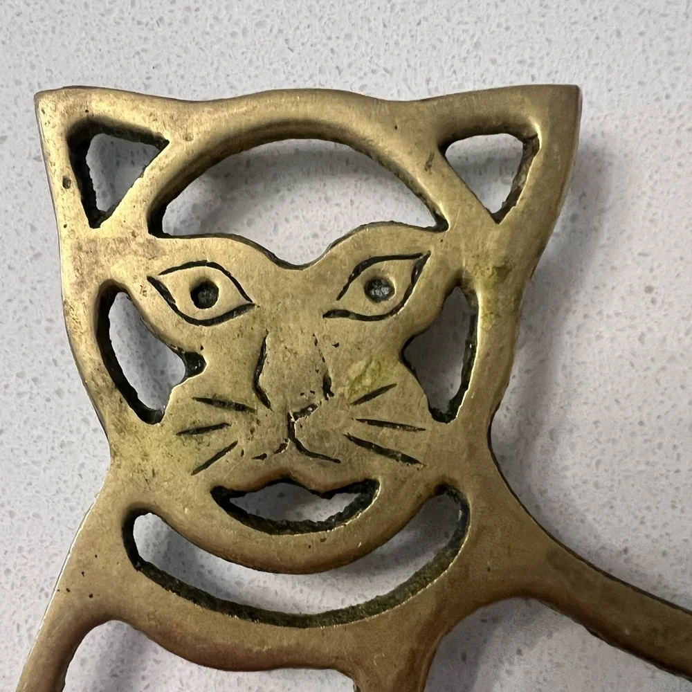 Vintage‎ 1980s Solid Brass Kitty Cat Trivet Stamped Mann